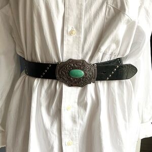 Black Leather Belt with Silver and Turquoise Western Belt Buckle
